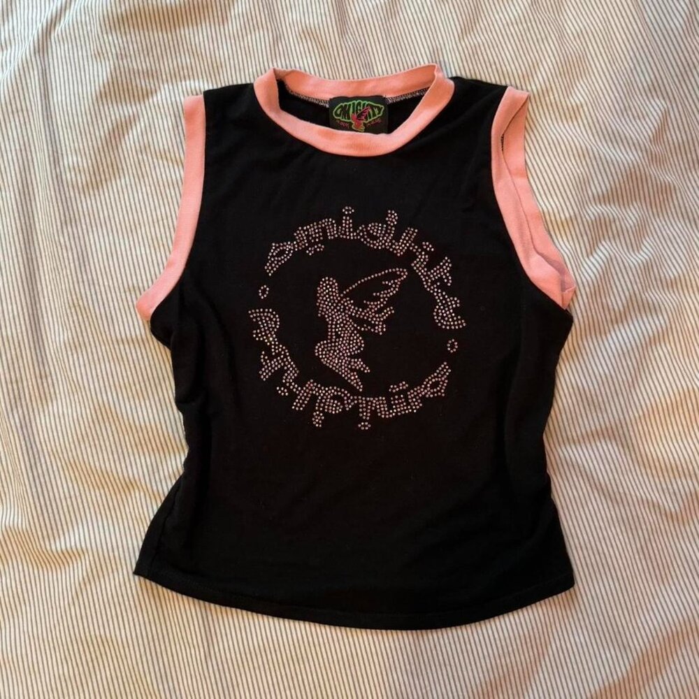 O-MIGHTY bedazzled fairy tank in black and pink sparkly fairy graphic